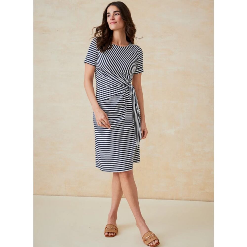 J.Mclaughlin Short Sleeve Leonora Striped Midi Dress White Navy Womens Sz Large